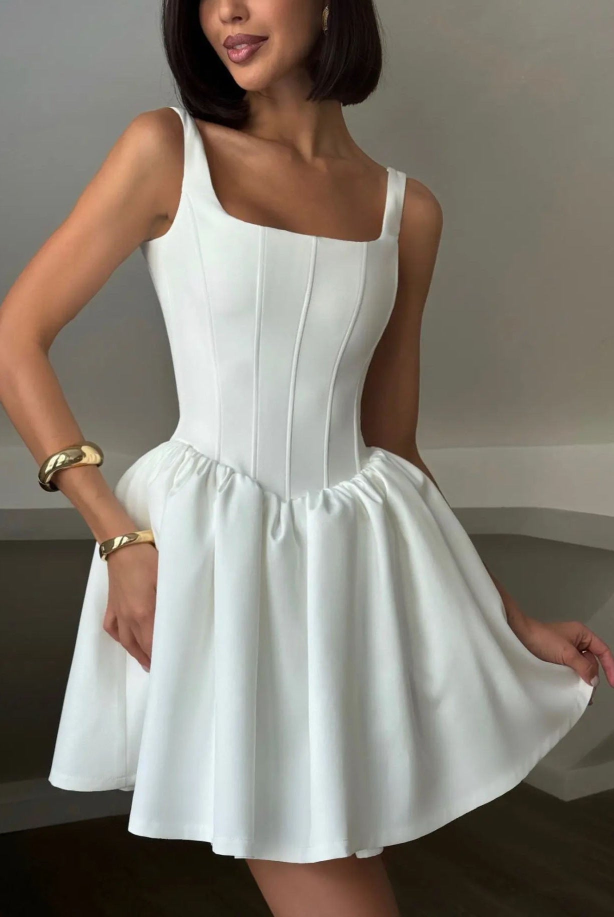 Women’s Mini Dress – Satin – Slim Fit – Sleeveless – Square Neck – Flared Skirt by Lumina Vancouver