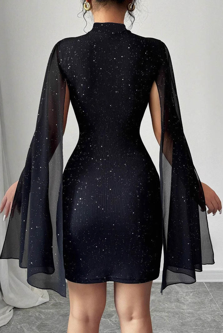 Women’s Mini Cape Dress – Slim Fit – Glitter Chiffon – High Neck Evening Wear by Lumina Vancouver