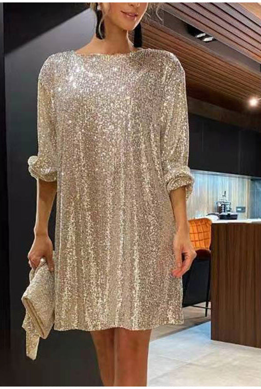 Women's Sequin Mini Dress - Loose Fit - 3/4 Sleeve - Cinched Waist - Party Wear by Lumina Vancouver