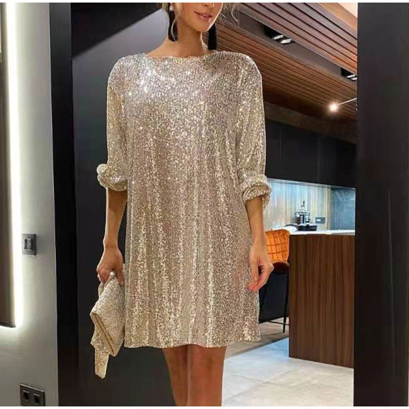 Women's Sequin Mini Dress - Loose Fit - 3/4 Sleeve - Cinched Waist - Party Wear by Lumina Vancouver