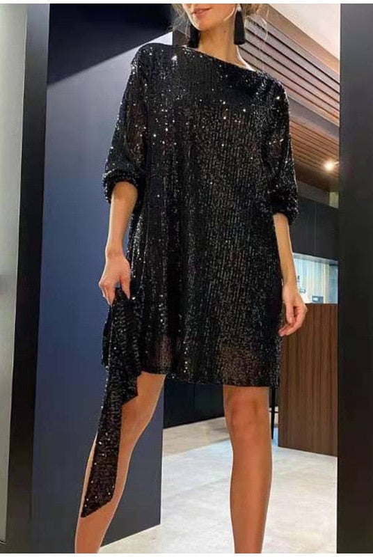 Women's Sequin Mini Dress - Loose Fit - 3/4 Sleeve - Cinched Waist - Party Wear by Lumina Vancouver