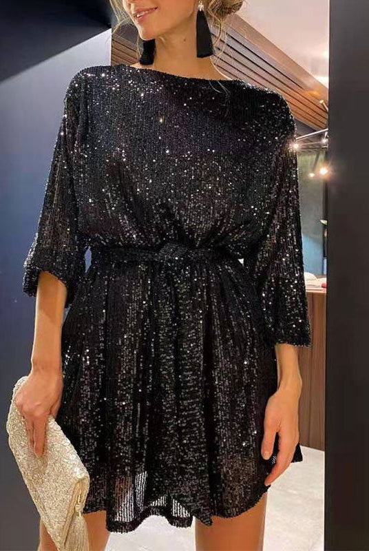 Women's Sequin Mini Dress - Loose Fit - 3/4 Sleeve - Cinched Waist - Party Wear by Lumina Vancouver