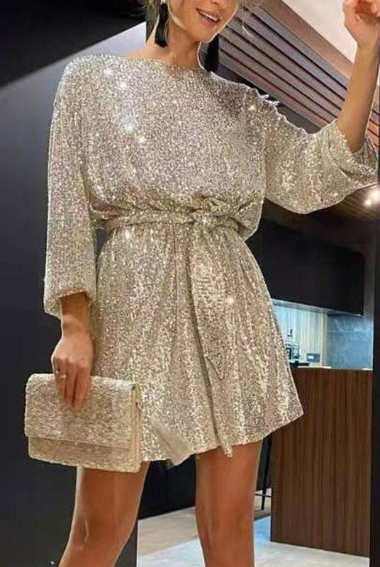 Women's Sequin Mini Dress - Loose Fit - 3/4 Sleeve - Cinched Waist - Party Wear by Lumina Vancouver