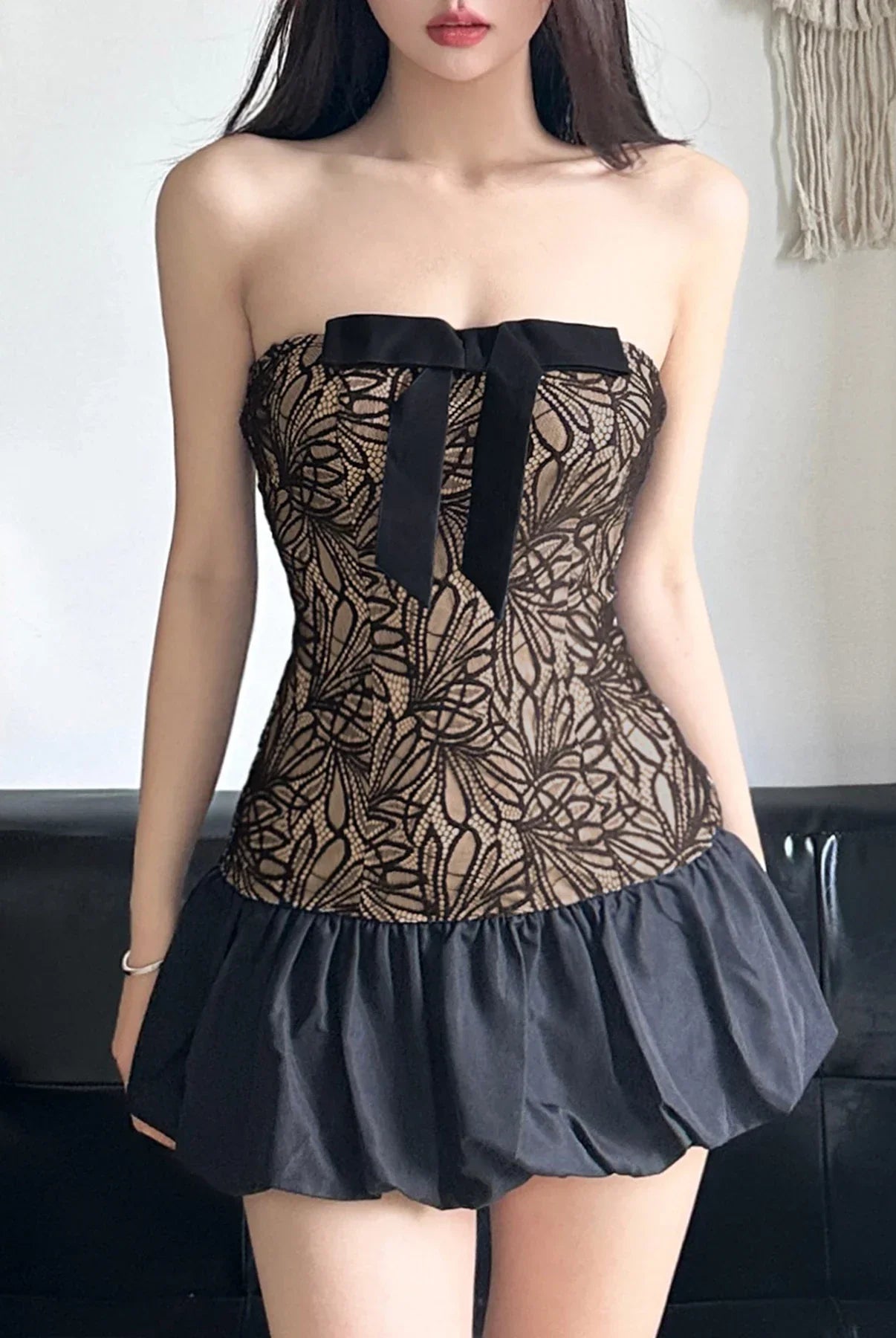 Women's Strapless Mini Dress - Lace Bodice - Bow Detail - Bubble Skirt Elegant Wear by Lumina Vancouver