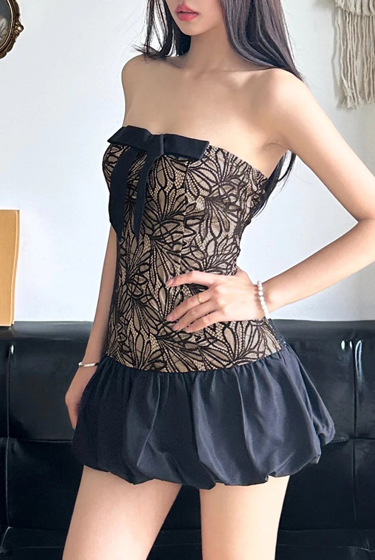 Women's Strapless Mini Dress - Lace Bodice - Bow Detail - Bubble Skirt Elegant Wear by Lumina Vancouver