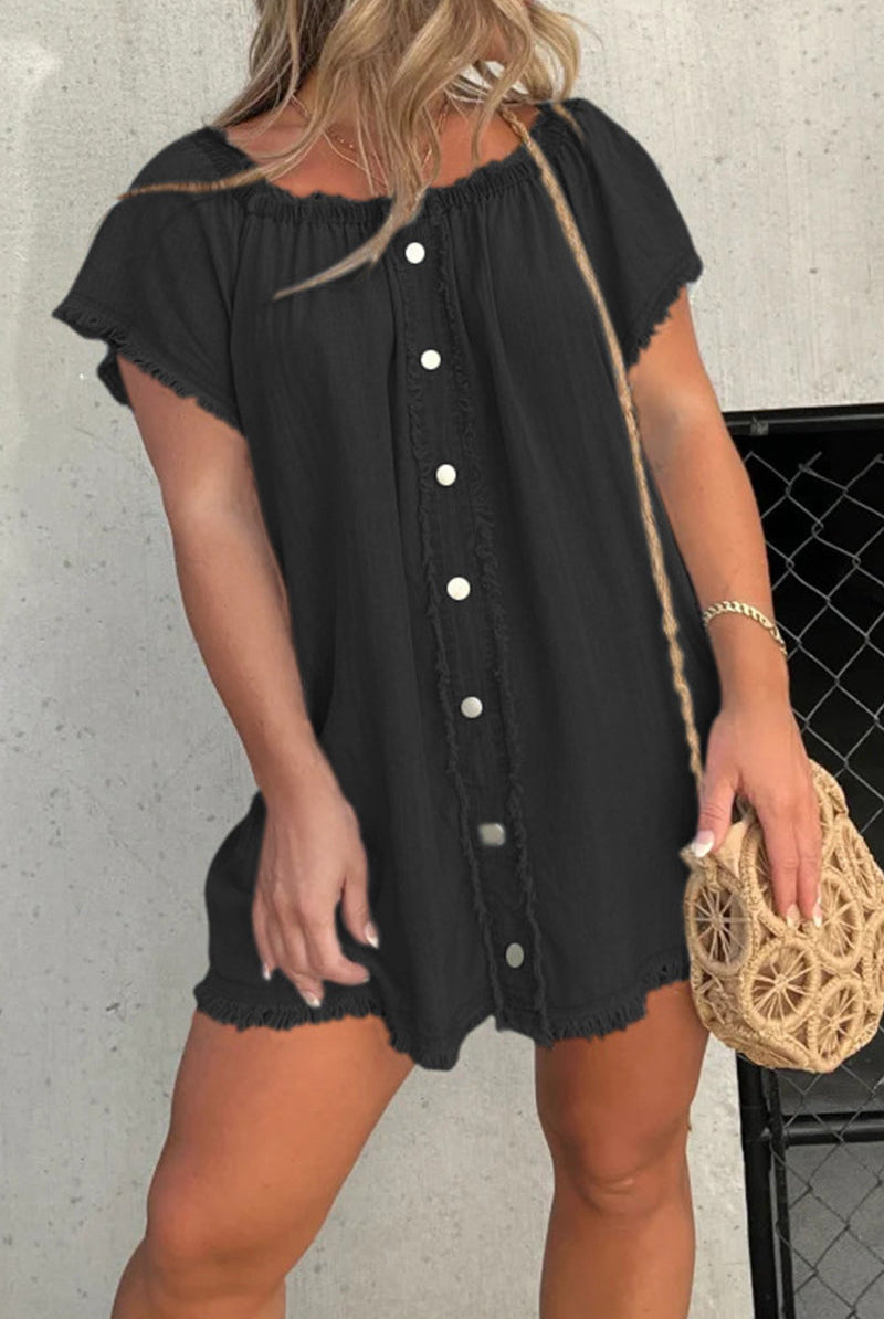 Women's Off-Shoulder Denim Dress - Short Sleeve - Button Front - Frayed Hem by Lumina Vancouver