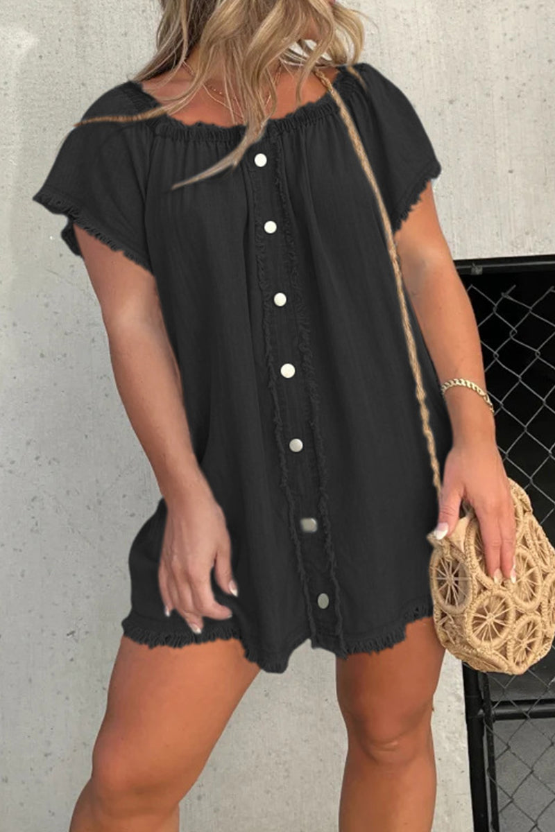 Women's Off-Shoulder Denim Dress - Short Sleeve - Button Front - Frayed Hem by Lumina Vancouver