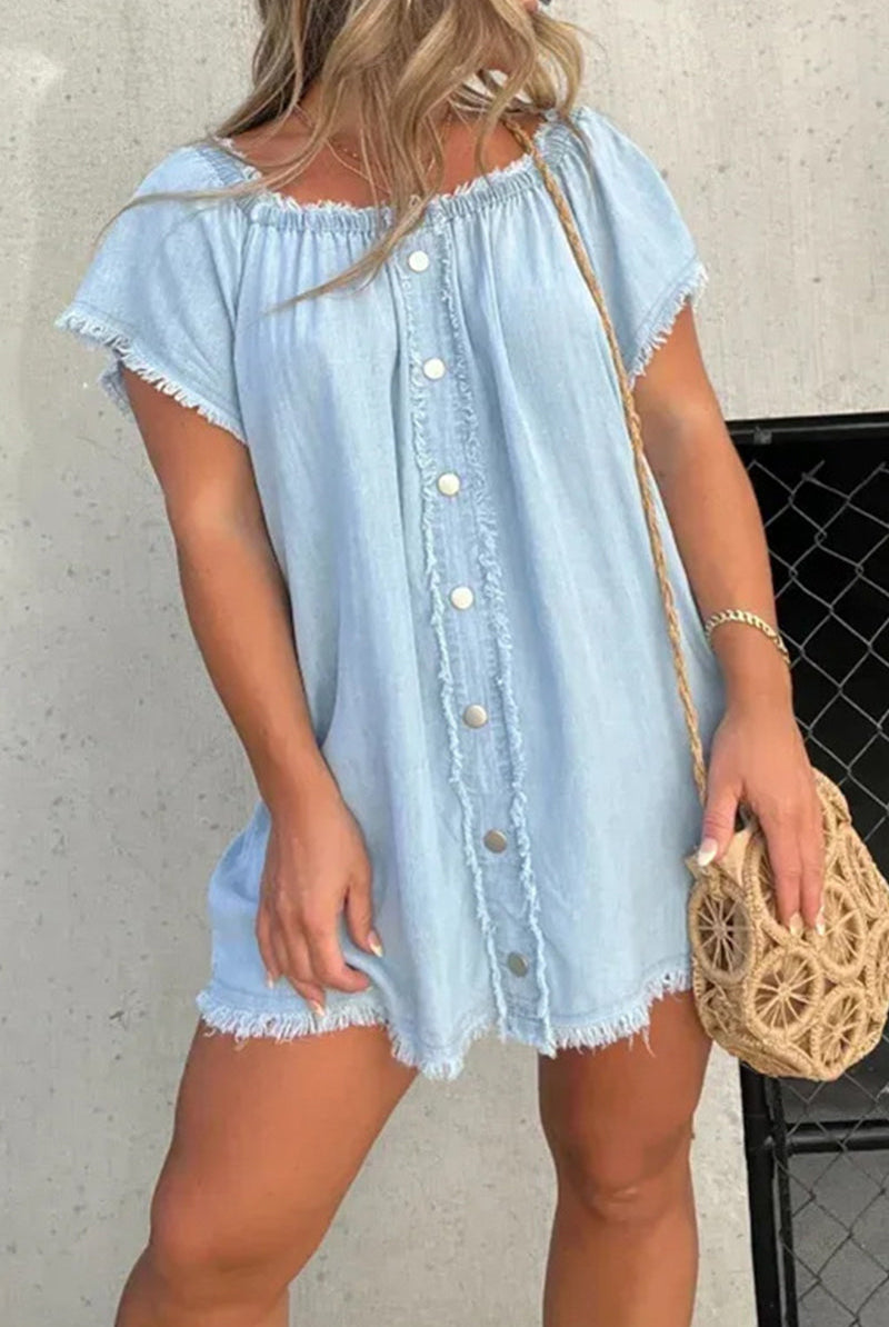 Women's Off-Shoulder Denim Dress - Short Sleeve - Button Front - Frayed Hem by Lumina Vancouver