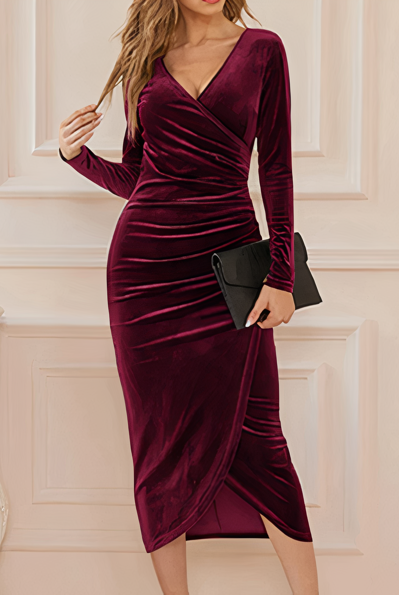 Women's Velvet Wrap Dress - V-Neck - Long Sleeve - Knee-Length Elegant Formal Wear by Lumina Vancouver
