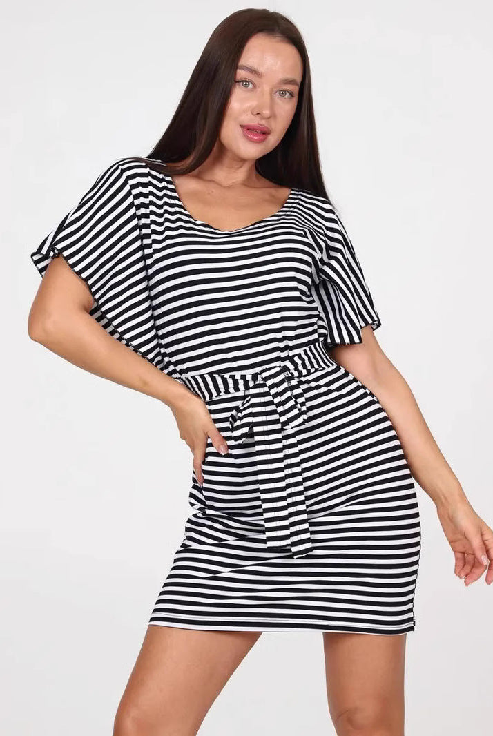 Women’s Mini Dress – Slim Fit – Striped Pattern – Belted Waist – Short Sleeve – Round Neck by Lumina Vancouver