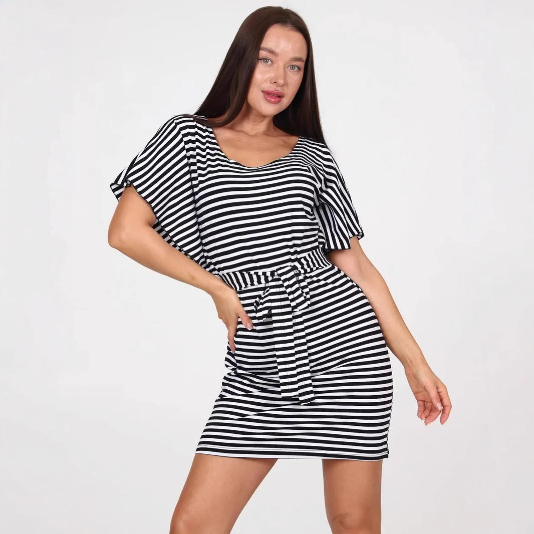 Women’s Mini Dress – Slim Fit – Striped Pattern – Belted Waist – Short Sleeve – Round Neck by Lumina Vancouver