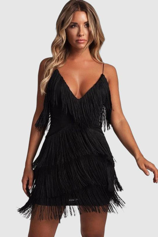 Women's Mini Dress - Fringed Detailing - V-Neck - Spaghetti Straps - Party Wear by Lumina Vancouver