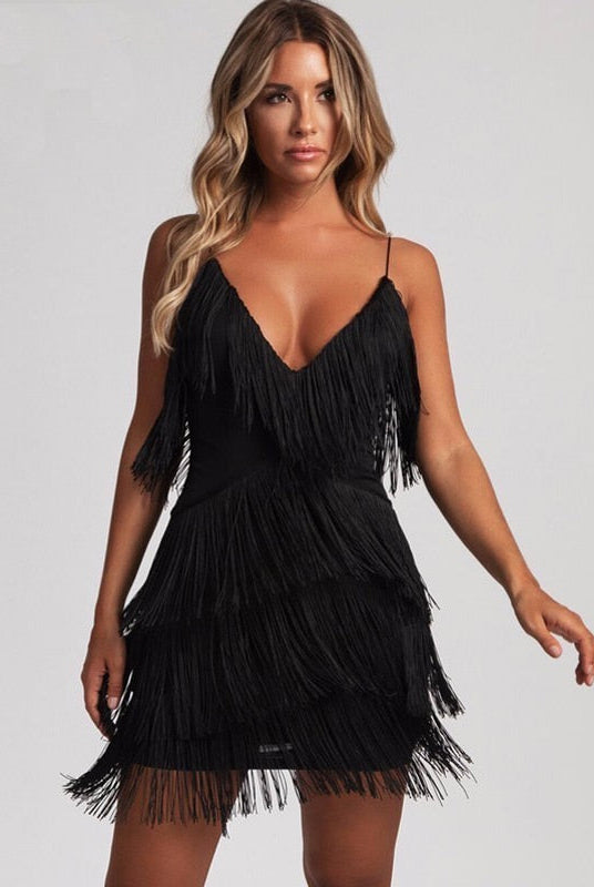 Women's Mini Dress - Fringed Detailing - V-Neck - Spaghetti Straps - Party Wear by Lumina Vancouver