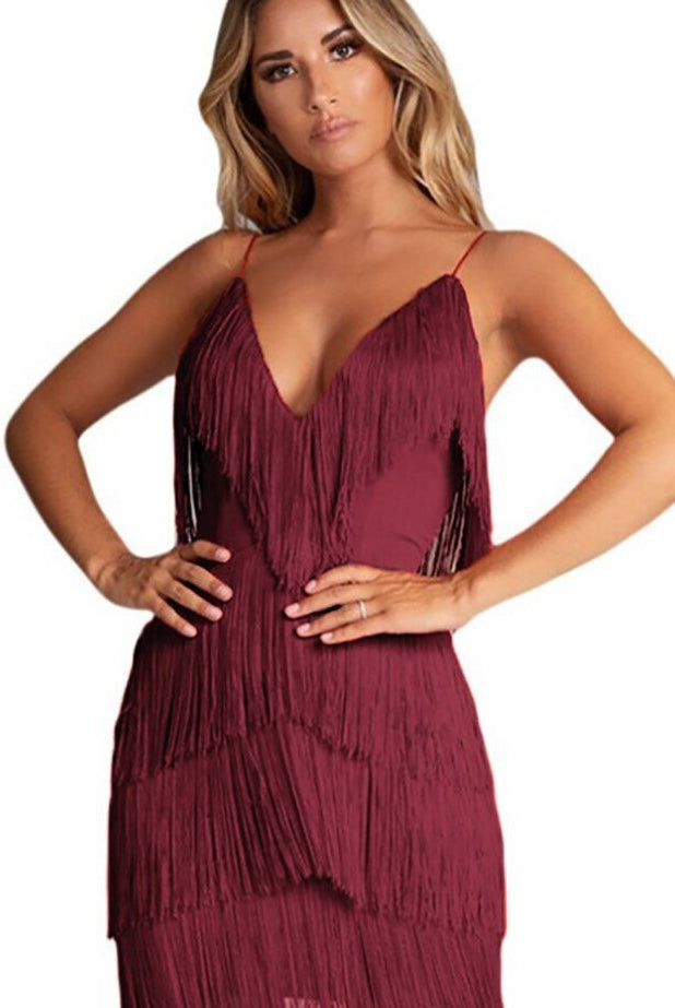 Women's Mini Dress - Fringed Detailing - V-Neck - Spaghetti Straps - Party Wear by Lumina Vancouver