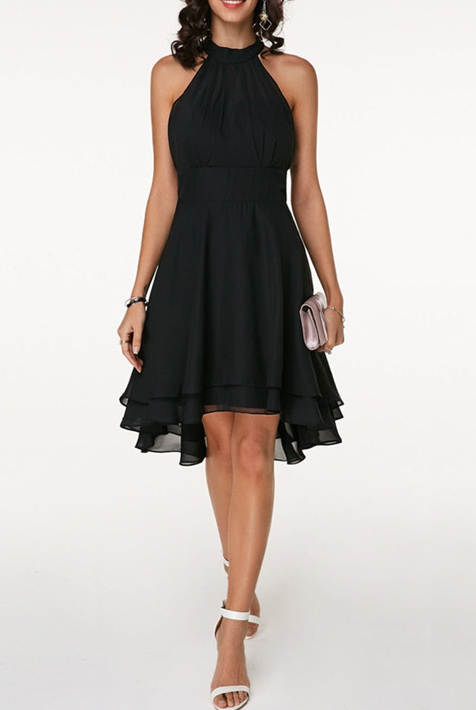 Women's Halter Neck Dress - Sleeveless - Fitted Waist - Layered Asymmetrical Skirt by Lumina Vancouver