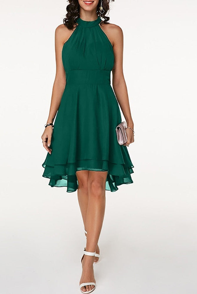 Women's Halter Neck Dress - Sleeveless - Fitted Waist - Layered Asymmetrical Skirt by Lumina Vancouver