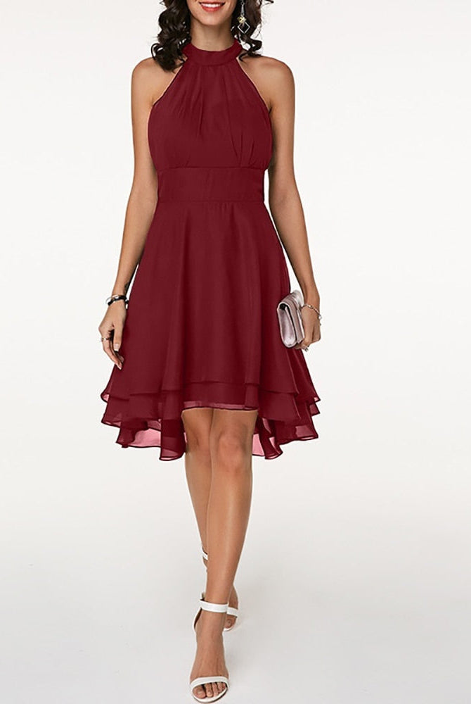 Women's Halter Neck Dress - Sleeveless - Fitted Waist - Layered Asymmetrical Skirt by Lumina Vancouver