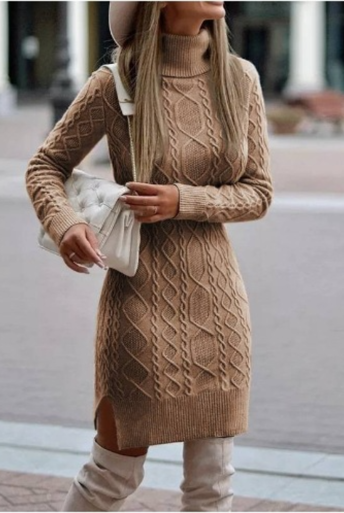 Women’s Mini Dress – Slim Fit Wool Blend – Turtleneck – Cable Knit – Side Slit by Lumina Vancouver