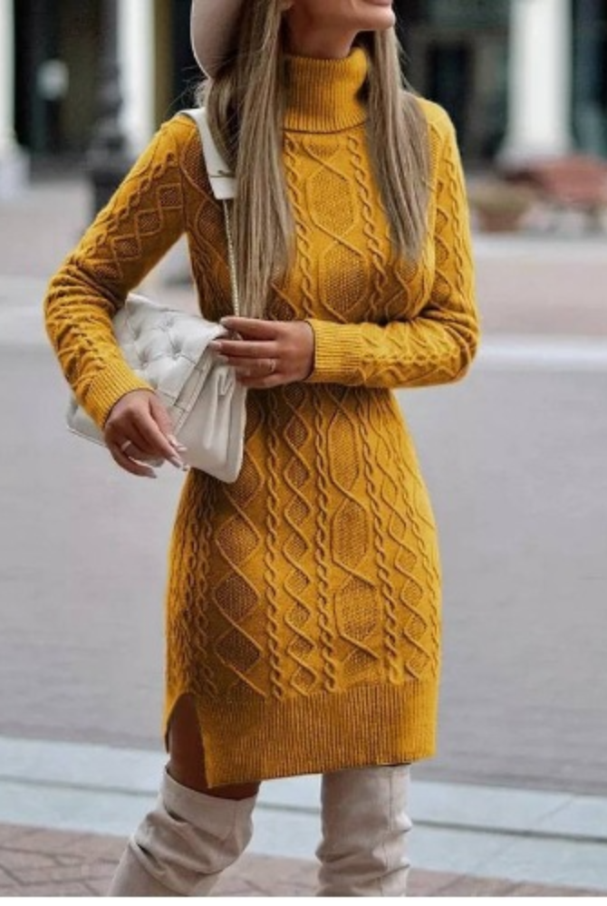 Women’s Mini Dress – Slim Fit Wool Blend – Turtleneck – Cable Knit – Side Slit by Lumina Vancouver