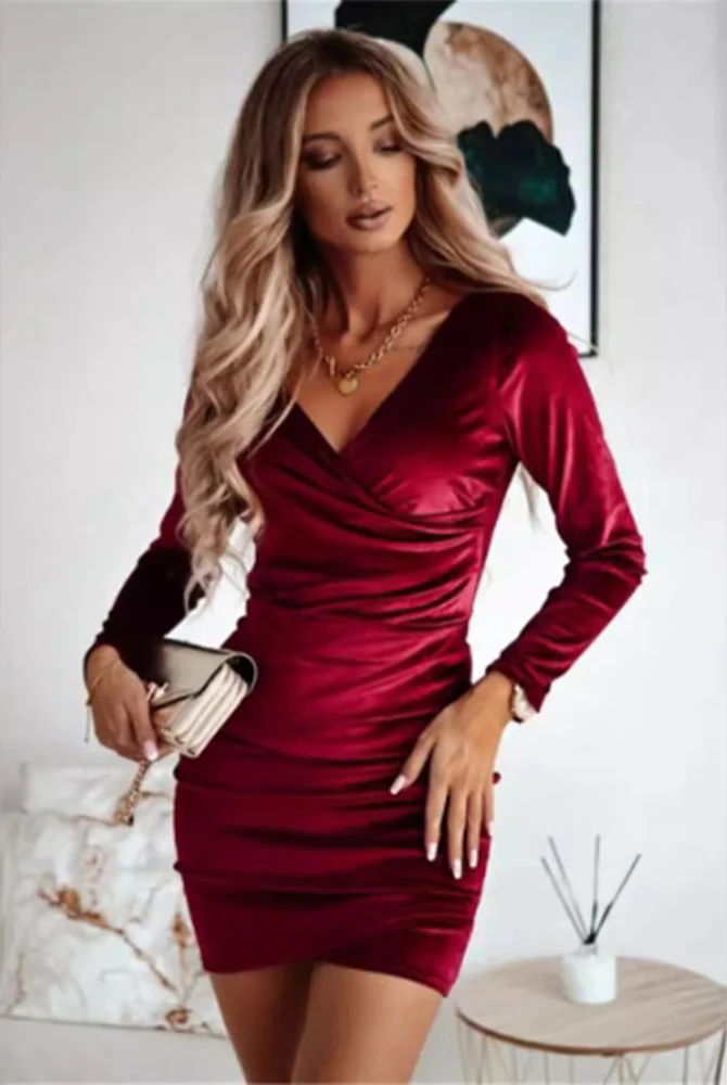Women’s Wrap Dress - V-Neck Long Sleeve - Elegant Mini Cocktail Outfit by Lumina Vancouver
