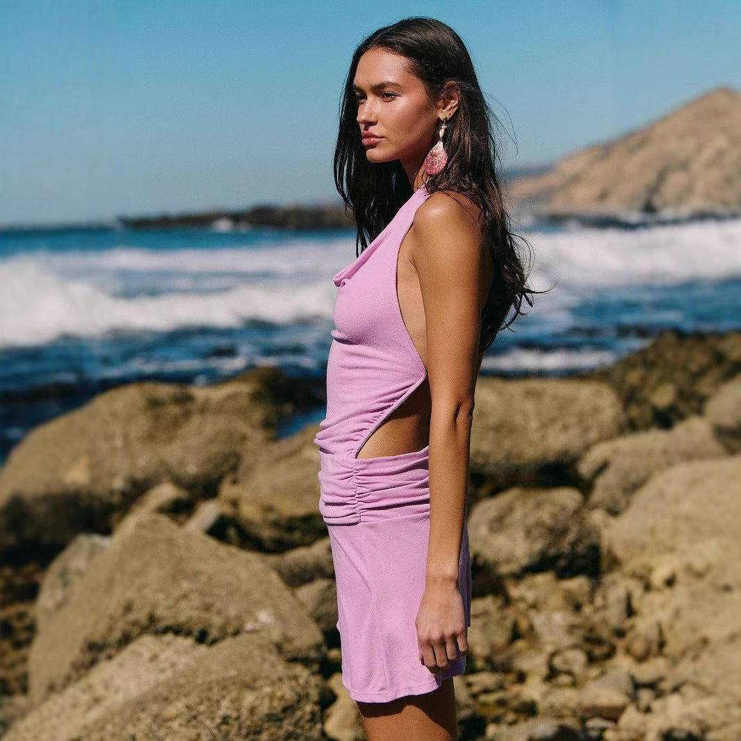 Women’s Bodycon Mini Dress – Cowl Neck – Open Back – Ruched – Slim Fit Evening Wear by Lumina Vancouver