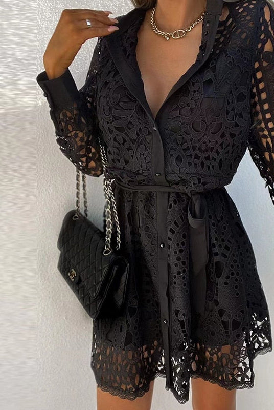 Women's Lace Dress - Collared Neckline - Long Sleeve - Button Front - Waist Tie by Lumina Vancouver