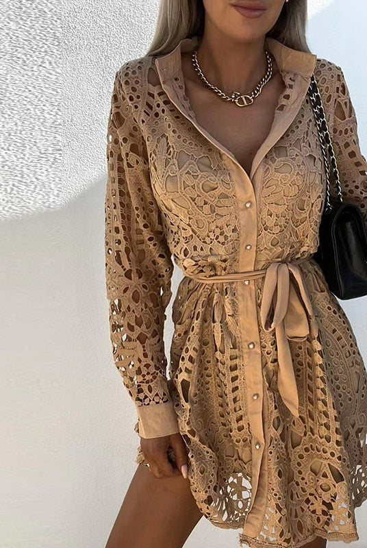 Women's Lace Dress - Collared Neckline - Long Sleeve - Button Front - Waist Tie by Lumina Vancouver