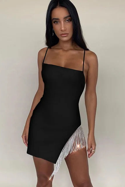 Women's Mini Dress - Bodycon Fit - Square Neck - Spaghetti Straps - Beaded Fringe by Lumina Vancouver