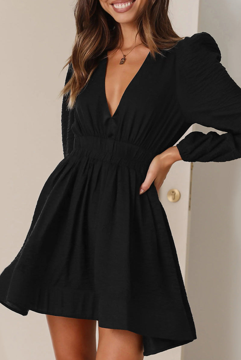 Women's Mini Dress - V-Neck - Long Puff Sleeves - Flared Skirt - Fitted Waist by Lumina Vancouver
