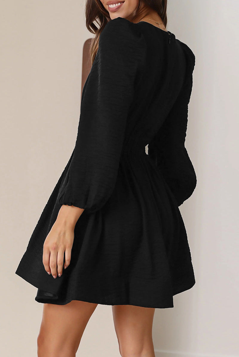 Women's Mini Dress - V-Neck - Long Puff Sleeves - Flared Skirt - Fitted Waist by Lumina Vancouver