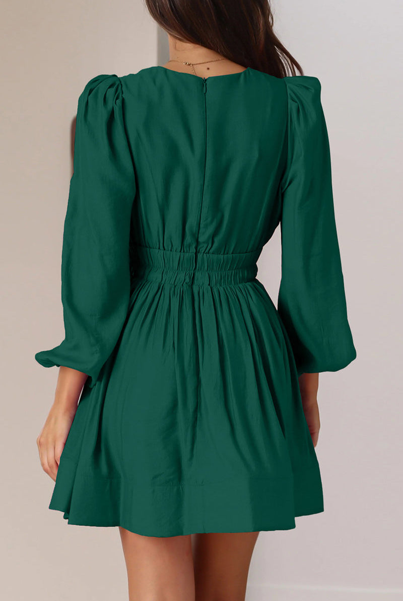 Women's Mini Dress - V-Neck - Long Puff Sleeves - Flared Skirt - Fitted Waist by Lumina Vancouver