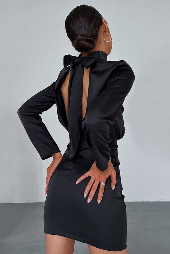 Women's Mini Dress - Fitted Silhouette - Long Sleeve Open Back Tie Detail - Elegant Satin by Lumina Vancouver