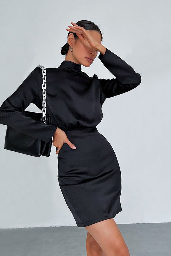 Women's Mini Dress - Fitted Silhouette - Long Sleeve Open Back Tie Detail - Elegant Satin by Lumina Vancouver