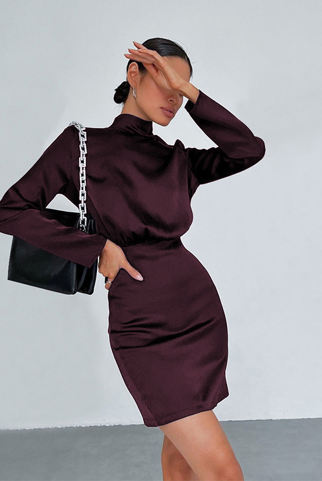 Women's Mini Dress - Fitted Silhouette - Long Sleeve Open Back Tie Detail - Elegant Satin by Lumina Vancouver