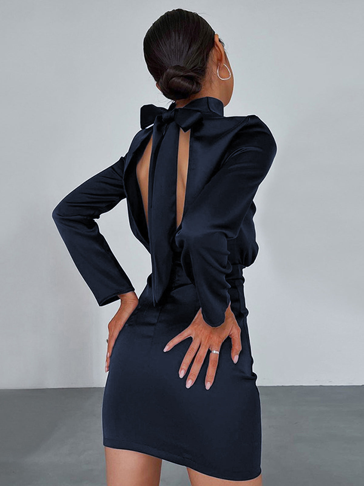 Women's Mini Dress - Fitted Silhouette - Long Sleeve Open Back Tie Detail - Elegant Satin by Lumina Vancouver