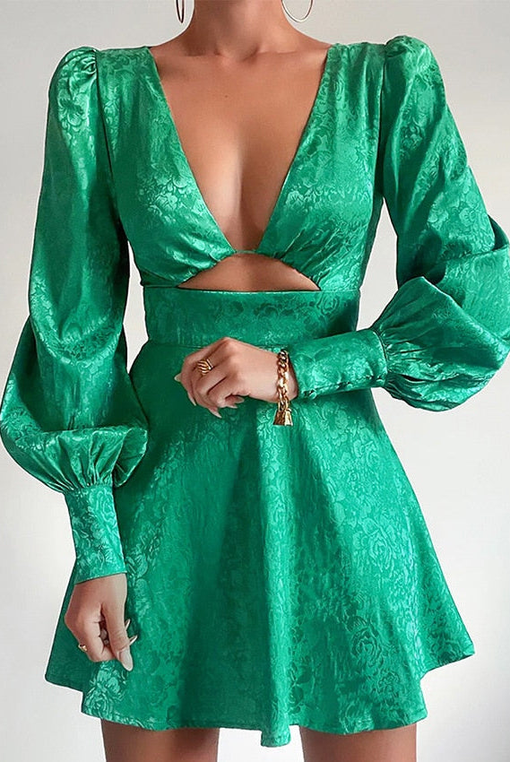 Women's Mini Dress - Satin Blend - Puff Sleeve - Plunge Neck - Cut-Out Waist by Lumina Vancouver
