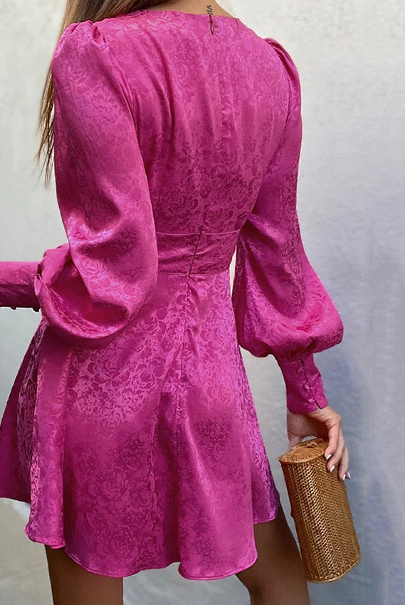 Women's Mini Dress - Satin Blend - Puff Sleeve - Plunge Neck - Cut-Out Waist by Lumina Vancouver