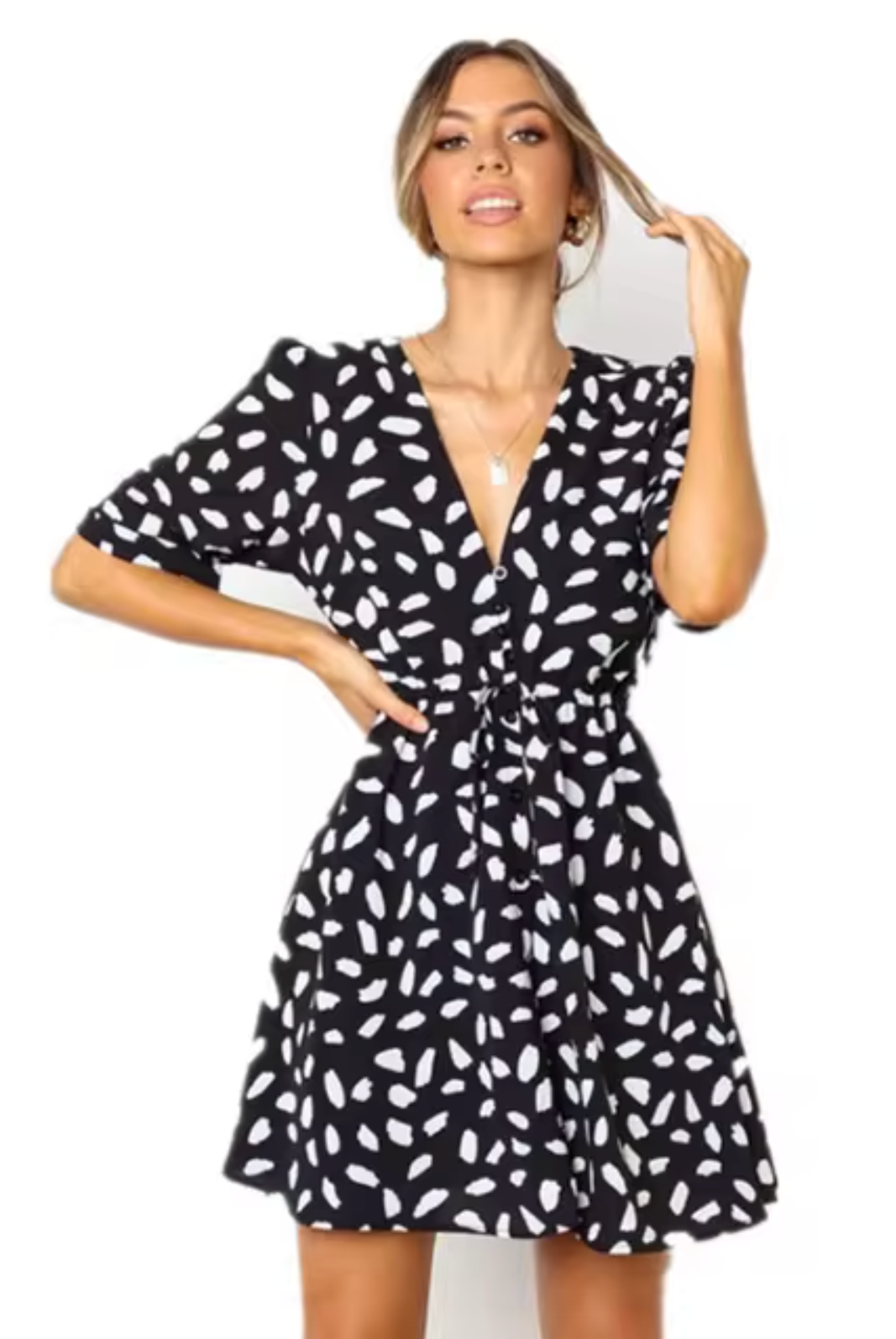 Women's Mini Dress - V-Neckline - Short Sleeve - Waist Tie - Relaxed Fit by Lumina Vancouver