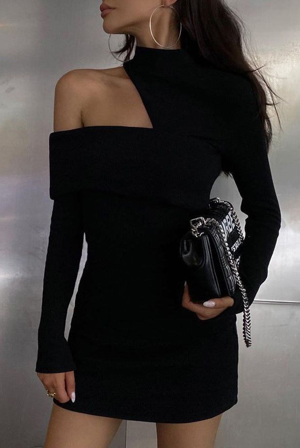 Women's Off-Shoulder Bodycon Dress - One-Sleeve Asymmetrical Design - Short, Stretch Knit by Lumina Vancouver