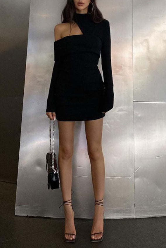 Women's Off-Shoulder Bodycon Dress - One-Sleeve Asymmetrical Design - Short, Stretch Knit by Lumina Vancouver