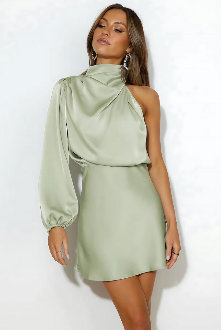 Women's One-Shoulder Dress - Satin Finish - Long Sleeve - Fitted Waist - Elegant Evening Wear by Lumina Vancouver