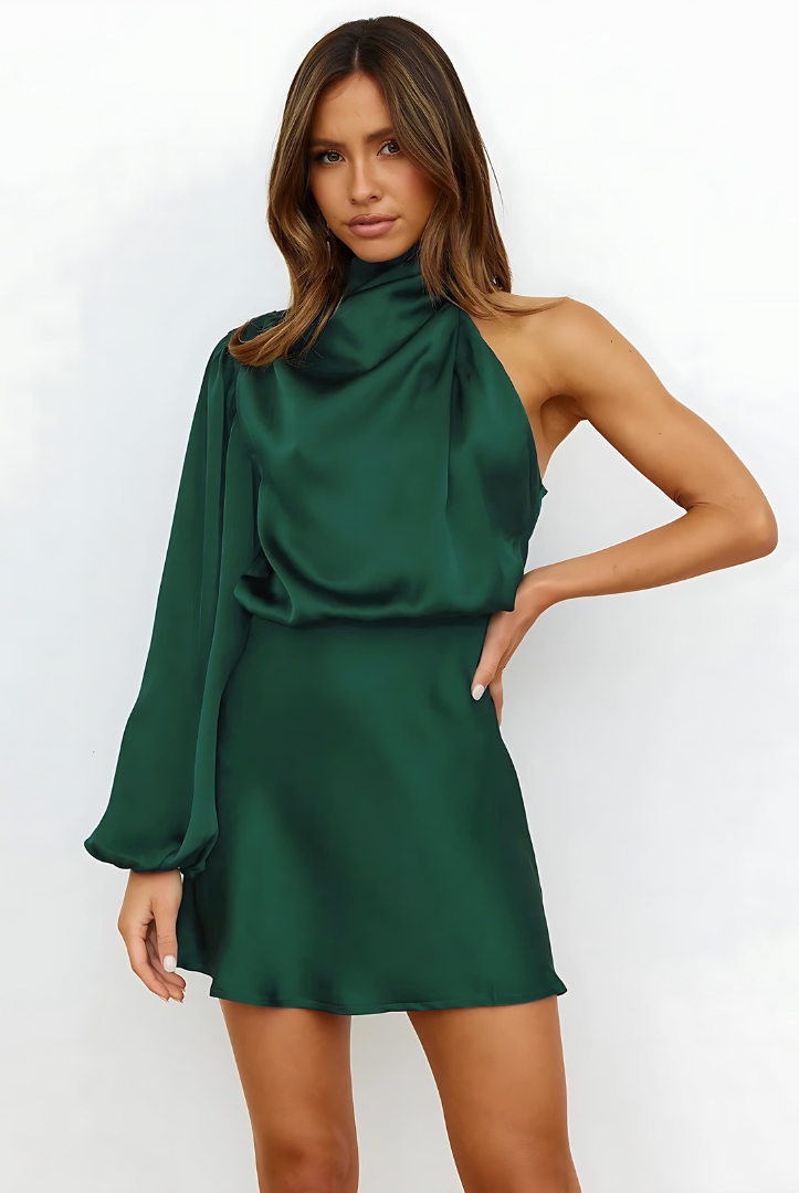 Women's One-Shoulder Dress - Satin Finish - Long Sleeve - Fitted Waist - Elegant Evening Wear by Lumina Vancouver