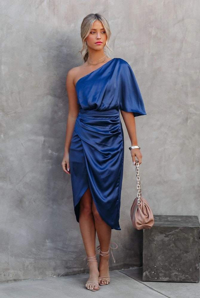 Women's One-Shoulder Satin Dress - Asymmetrical Fit - Short Sleeve - Wrap-Style Skirt by Lumina Vancouver