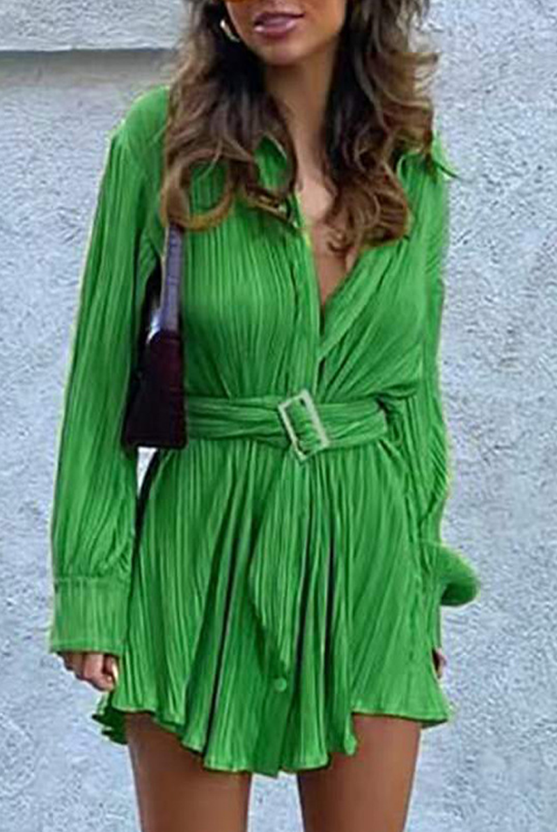 Women's Pleated Mini Shirt Dress - Button Down - Long Sleeve - Belted Waist by Lumina Vancouver