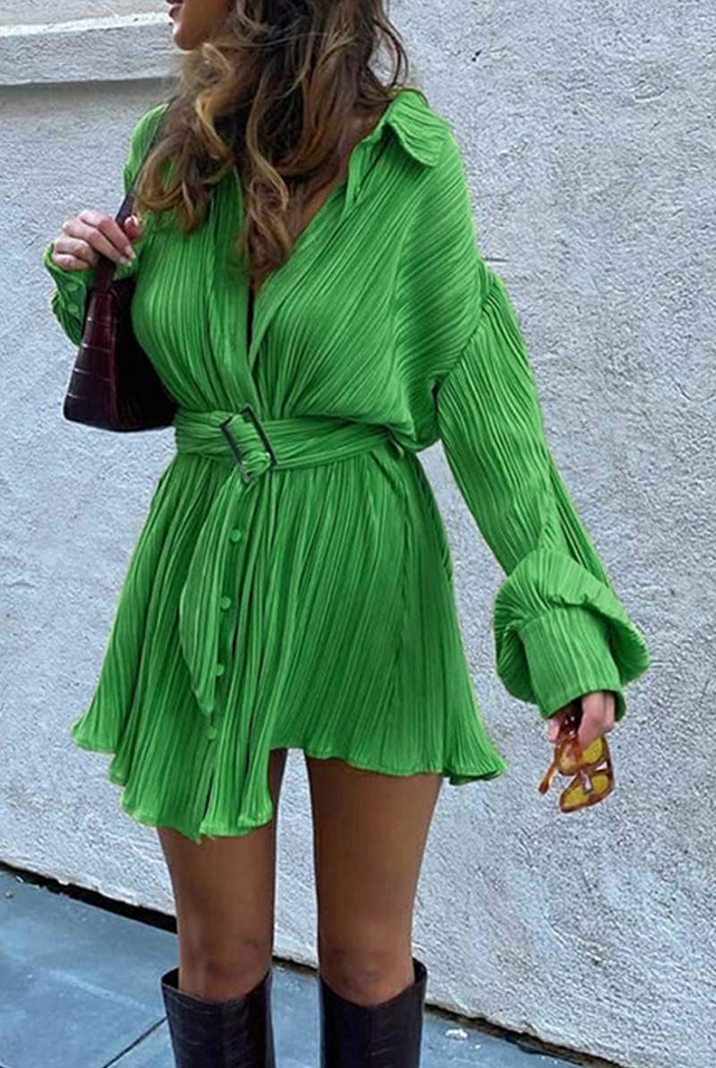 Women's Pleated Mini Shirt Dress - Button Down - Long Sleeve - Belted Waist by Lumina Vancouver