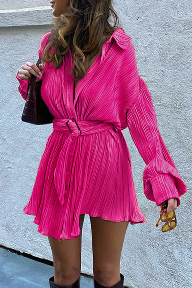 Women's Pleated Mini Shirt Dress - Button Down - Long Sleeve - Belted Waist by Lumina Vancouver