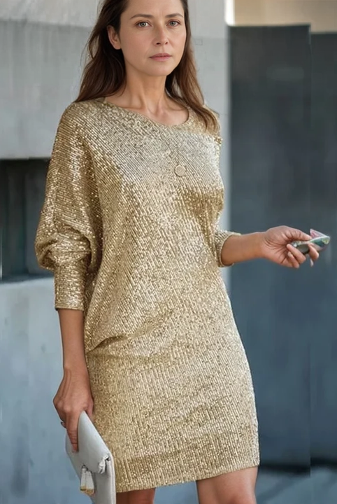 Women's Sequin Dress - Knee-Length - Long Sleeve - Round Neck - Elegant Party Wear by Lumina Vancouver