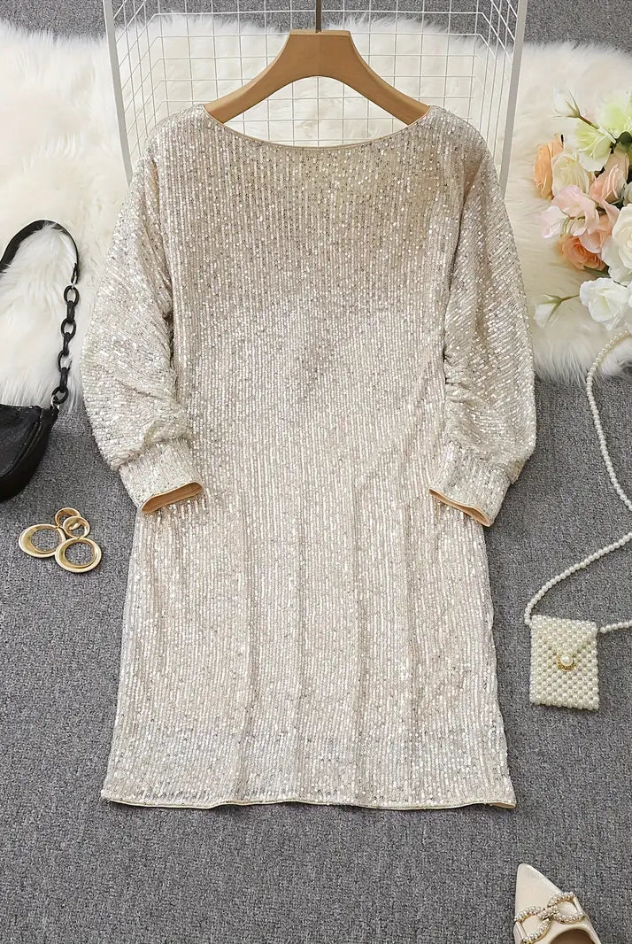 Women's Sequin Dress - Knee-Length - Long Sleeve - Round Neck - Elegant Party Wear by Lumina Vancouver