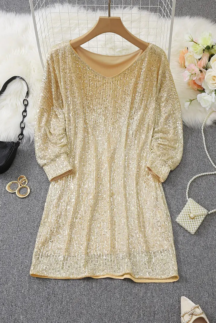 Women's Sequin Dress - Knee-Length - Long Sleeve - Round Neck - Elegant Party Wear by Lumina Vancouver