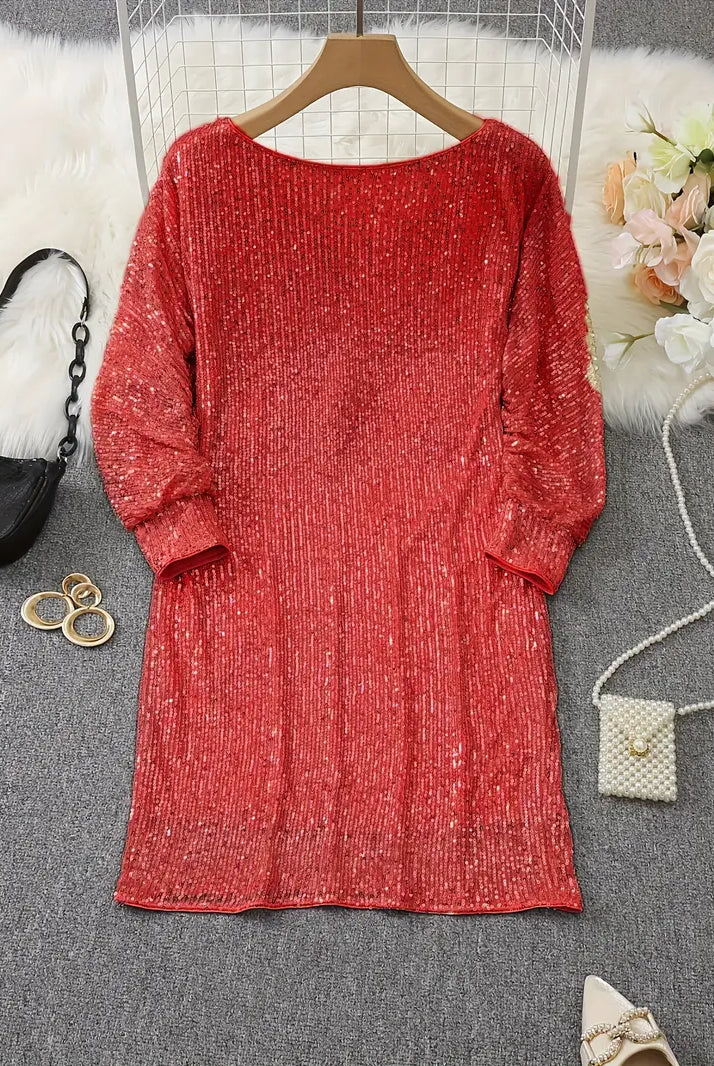 Women's Sequin Dress - Knee-Length - Long Sleeve - Round Neck - Elegant Party Wear by Lumina Vancouver